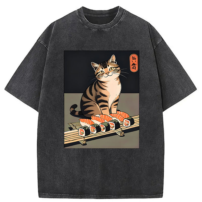 Modecanvas Cute Cat Trying To Steal Sushi DTG Printing Washed T-Shirt