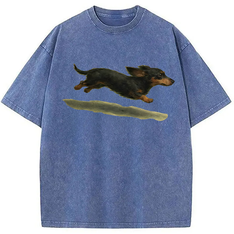 Modecanvas Funny Retro Cute Running Dog DTG Printing Washed T-Shirt