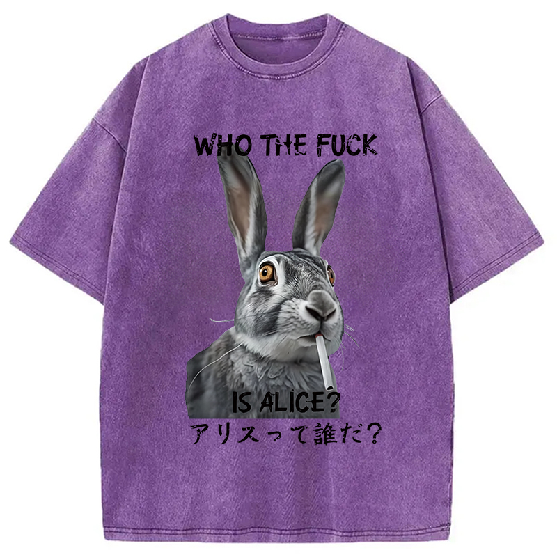 Modecanvas Who The Fvck Is Alice Funny Rabbit Smoking Washed T-Shirt