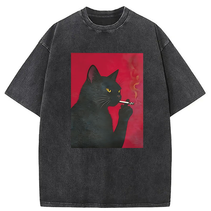 Modecanvas Black Cat Smoking DTG Printing Washed T-Shirt