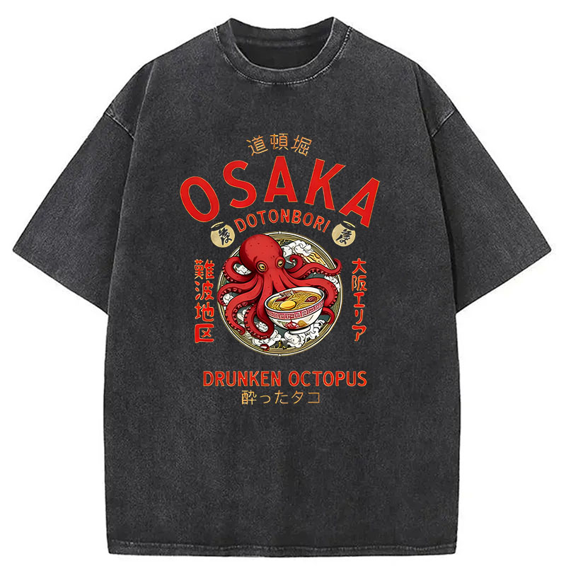 Modecanvas Osaka Drunken Octopus Eating Ramen DTG Printing Washed T-Shirt