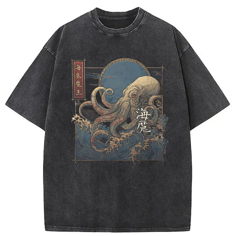 Modecanvas Kraken Ukiyo-e DTG Printing Washed T-Shirt