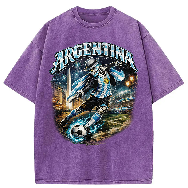 Modecanvas Skull Argentina Football DTG Printing Washed T-Shirt