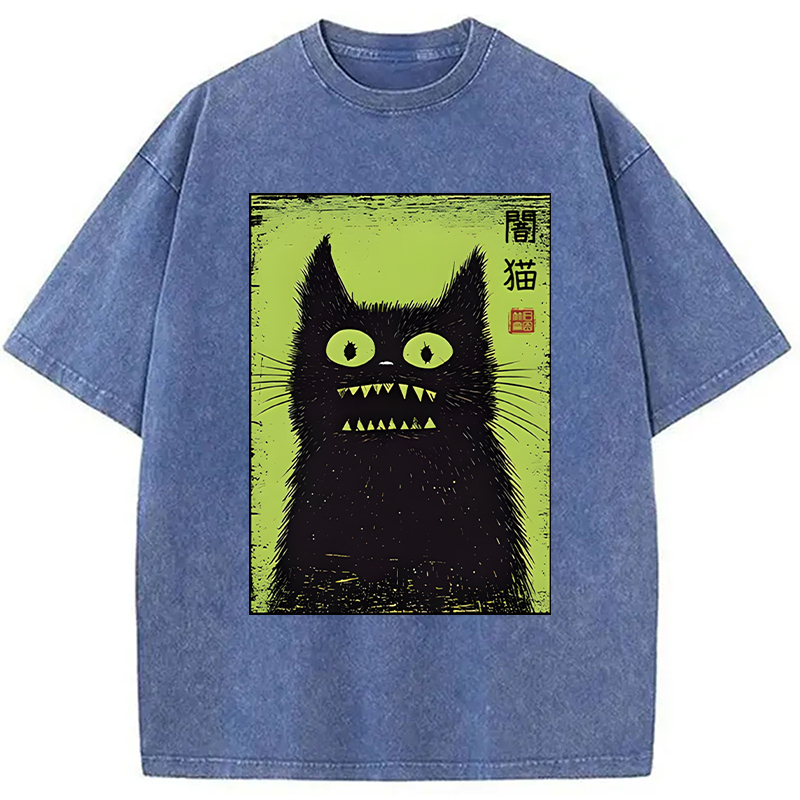 Modecanvas Spooky Black Cat Japanese DTG Printing Washed T-Shirt