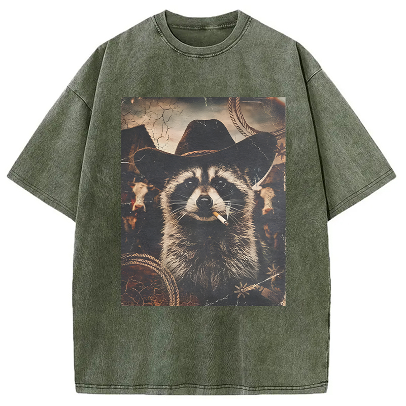Modecanvas Vintage Weatern Raccoon DTG Printing Washed T-Shirt