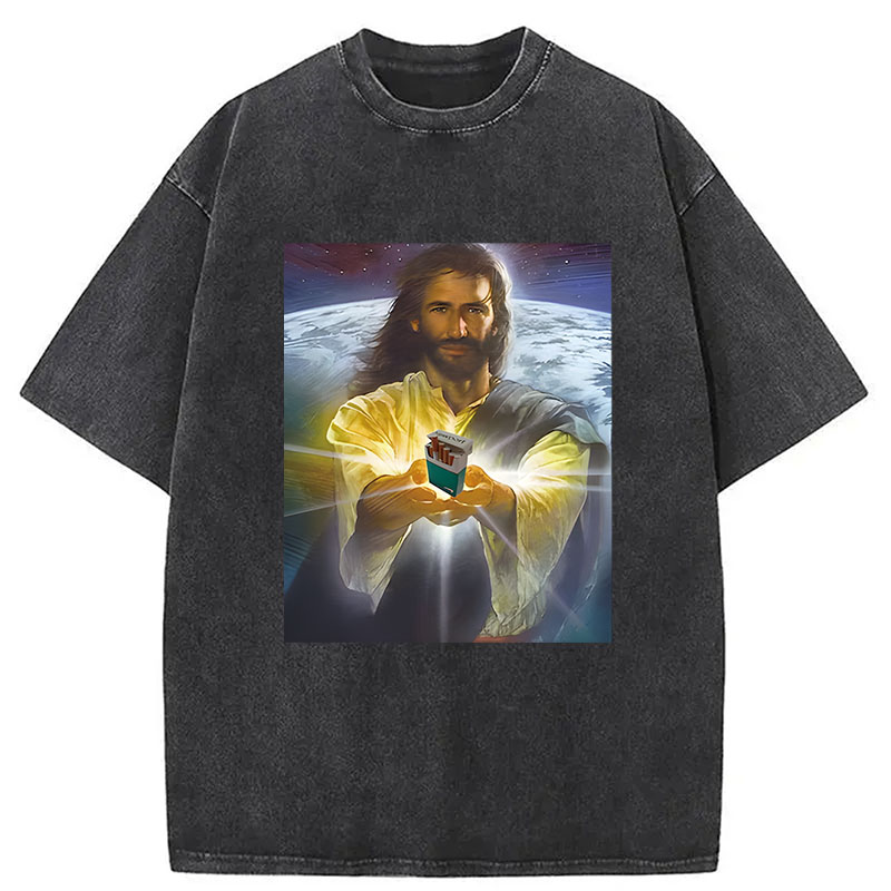 Modecanvas Jesus Holding Cigarettes DTG Printing Washed T-Shirt