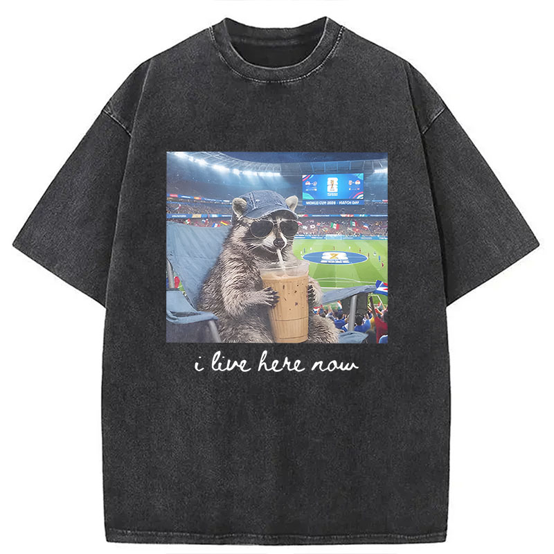 Modecanvas I Live Here Now Raccoon DTG Printing Washed T-Shirt
