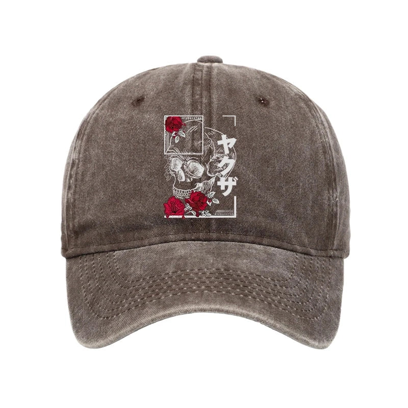 Modecanvas Skull Roses Japanese Aesthetic Washed Cap-modecanvas