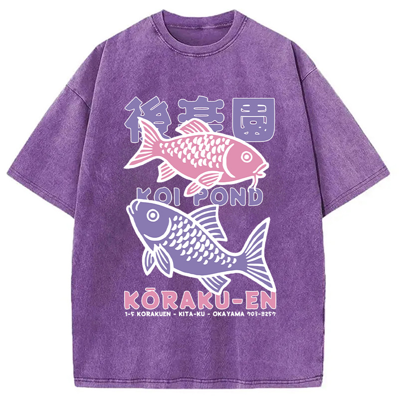 Modecanvas Koi Fish Pond Japanese Washed T-Shirt