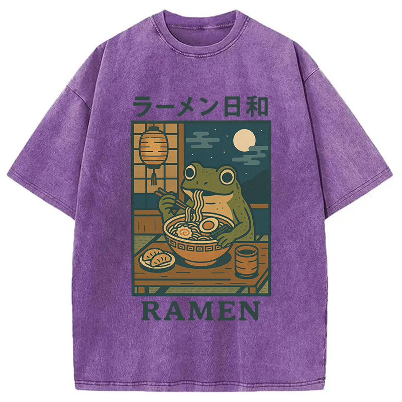 Modecanvas Japanese Frog Eating Ramen Washed T-Shirt-modecanvas