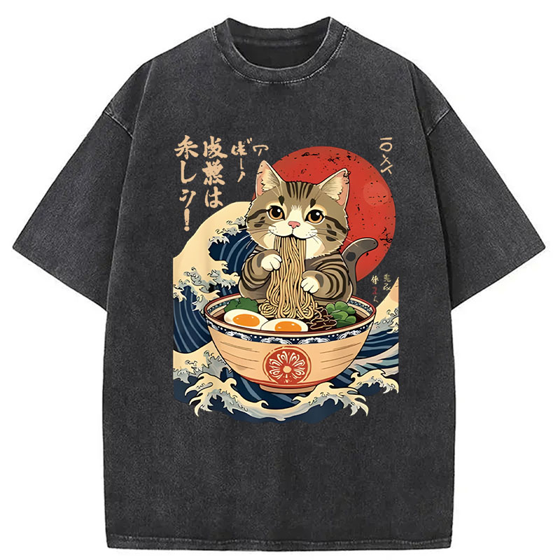 Modecanvas Cat Eating Ramen Noodles DTG Printing Washed T-Shirt