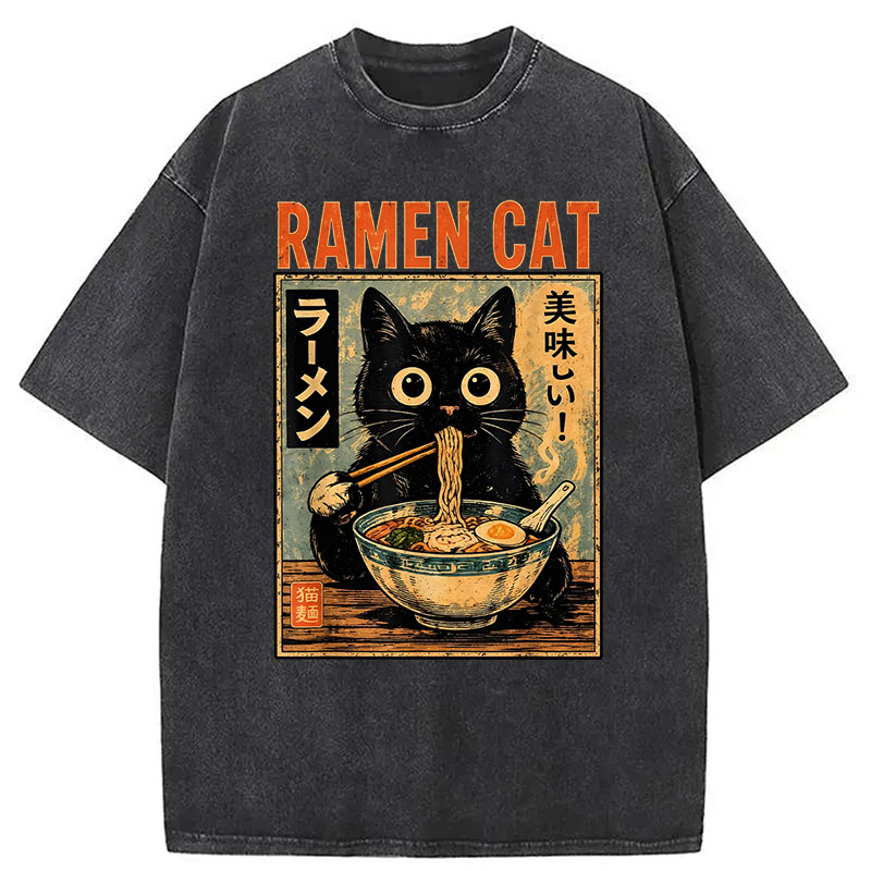 Modecanvas Funny Cat Ramen DTG Printing Washed T-Shirt