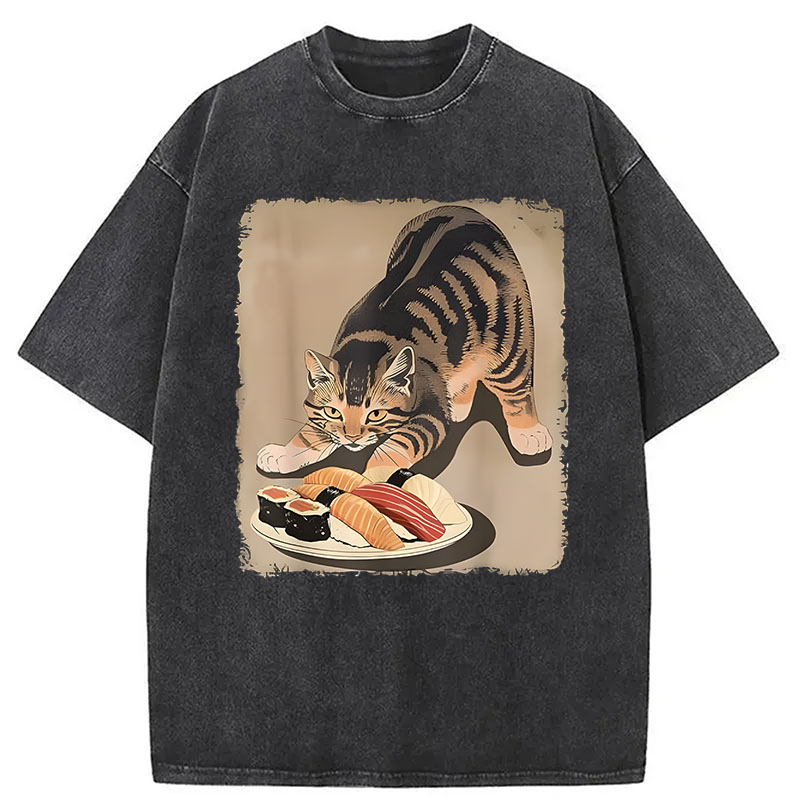 Modecanvas Kawaii Cat Eating Sushi DTG Printing Washed T-Shirt