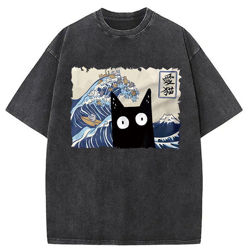 Modecanvas Kawaii Cat Japanese Wave DTG Printing Washed T-Shirt