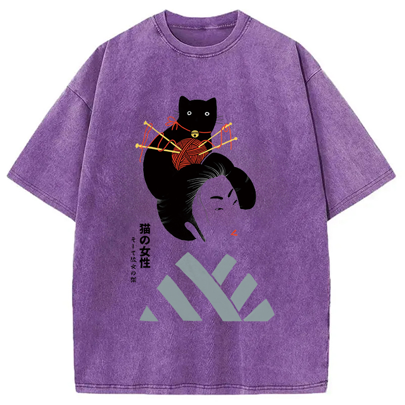 Modecanvas Geisha And Cat Washed T-Shirt
