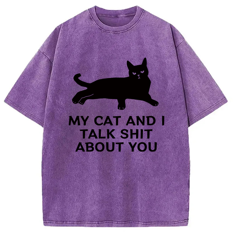 Modecanvas Gossiping Black Cat Washed T-Shirt-modecanvas