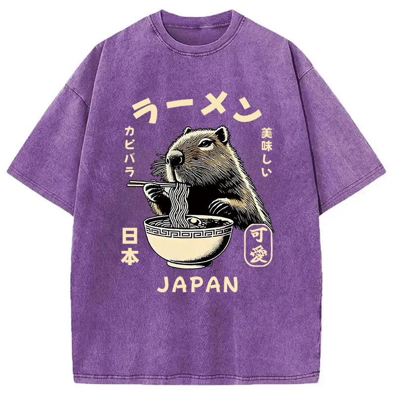 Modecanvas Retro Capybara Eating Ramen Japanese Washed T-Shirt