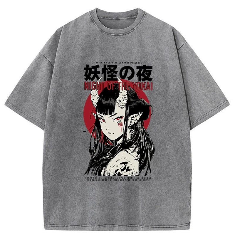 Modecanvas Yokai Aesthetic Japanese Streetwear Washed T-Shirt
