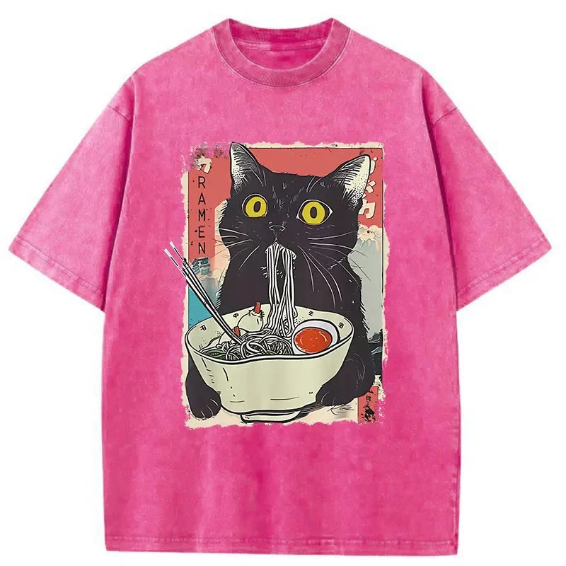 Modecanvas Cute Cat Eating Ramen Washed T-Shirt-modecanvas