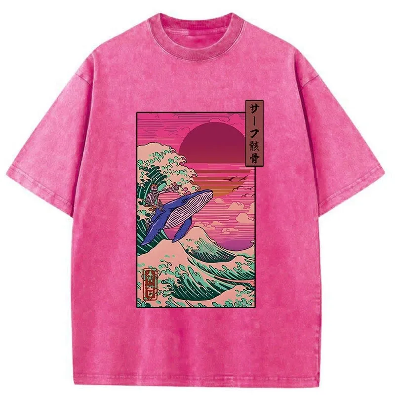 Modecanvas Skeleton Surfing With A Whale Washed T-Shirt