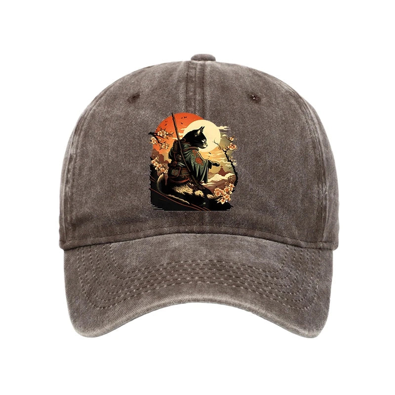 Modecanvas Cat Ninja Ukiyo-e Anime Style Samurai Washed Cap-modecanvas