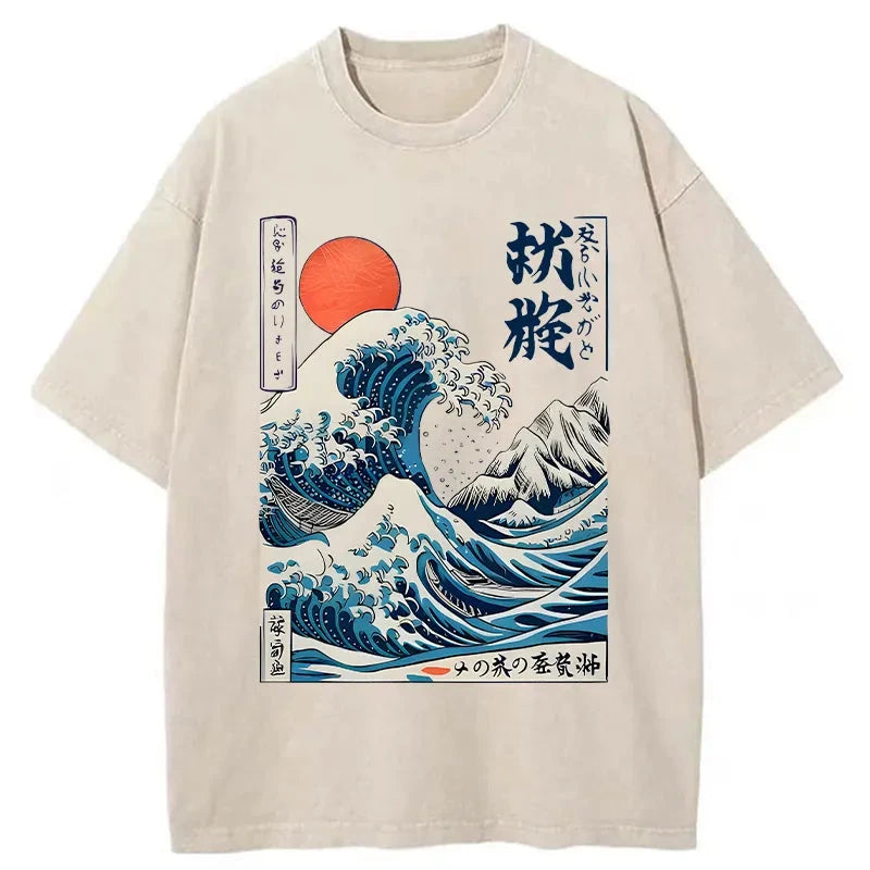 Modecanvas Ukiyo-e Ocean Waves Japan Washed T-Shirt-modecanvas