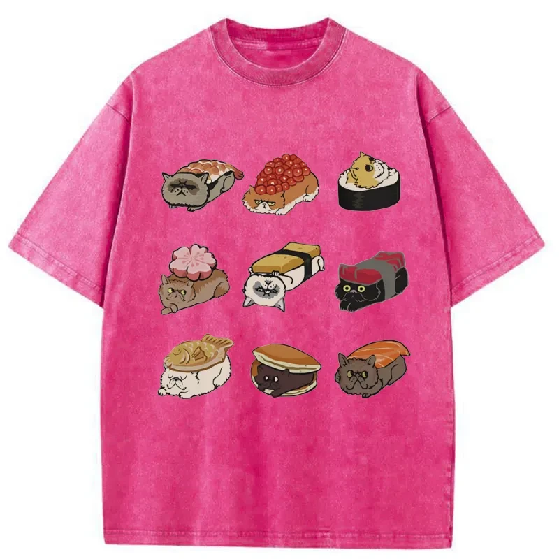 Modecanvas Cute Cat Sushi Washed T-Shirt