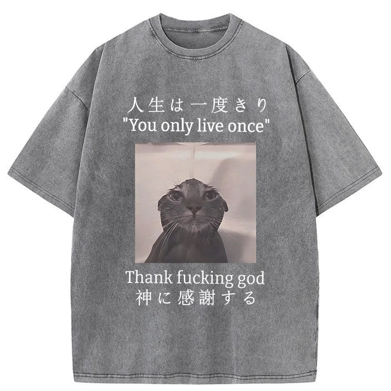 Modecanvas Funny Melancholy Cat Washed T-Shirt-modecanvas