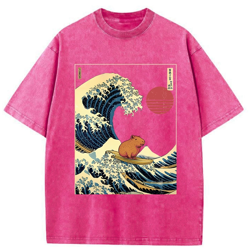 Modecanvas Capybara Surfing Washed T-Shirt-modecanvas