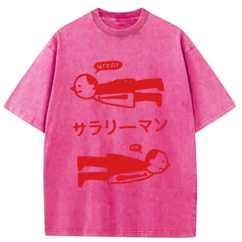 Modecanvas Let's Fly Office Worker Washed T-Shirt-modecanvas