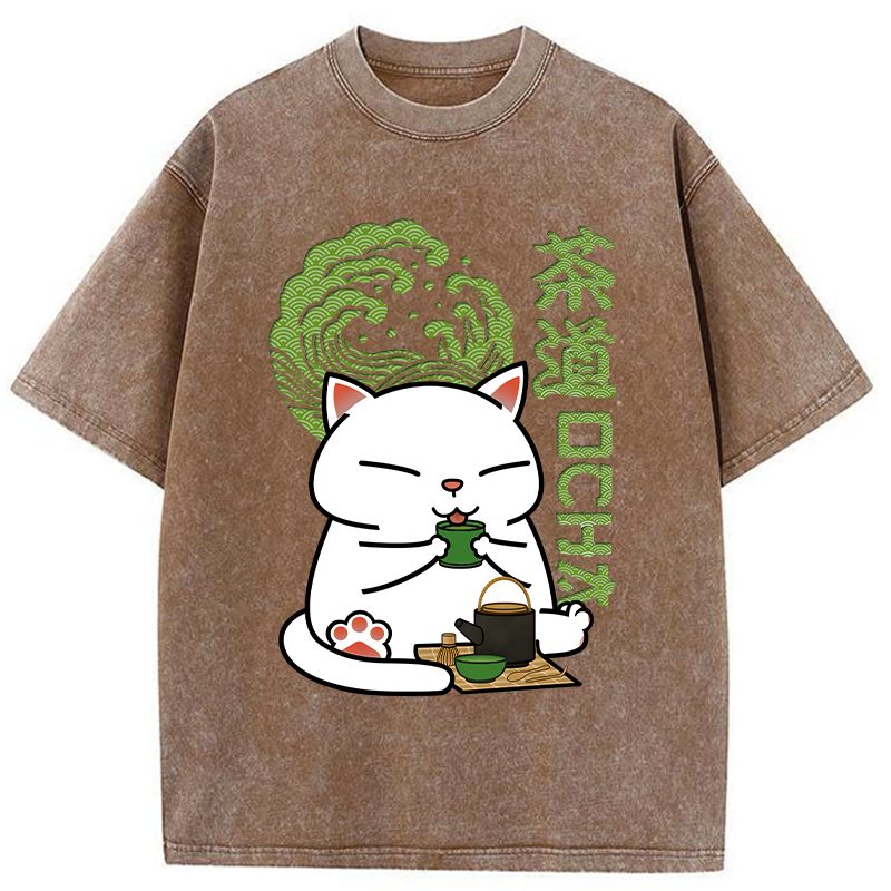 Modecanvas Cat Tasting Tea Washed T-Shirt