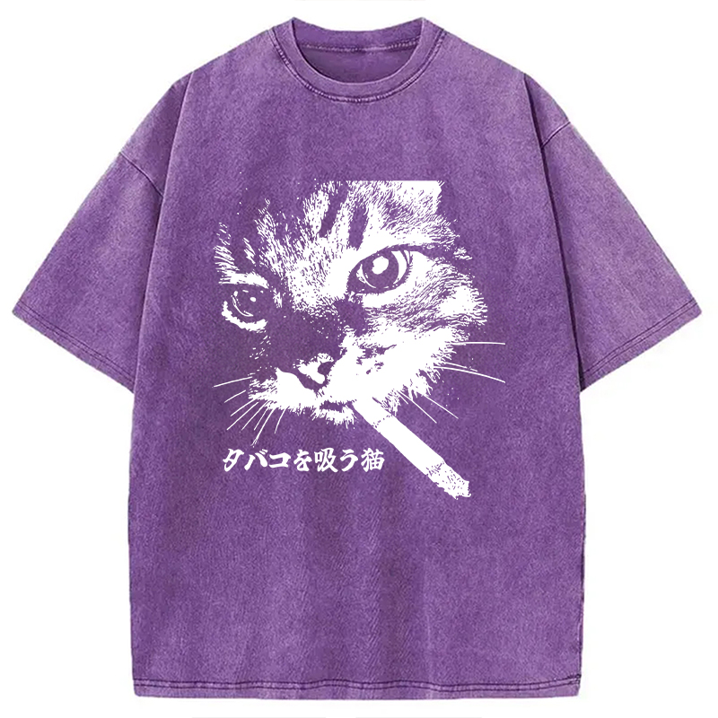 Modecanvas Retro Cat Smoking Washed T-Shirt-modecanvas