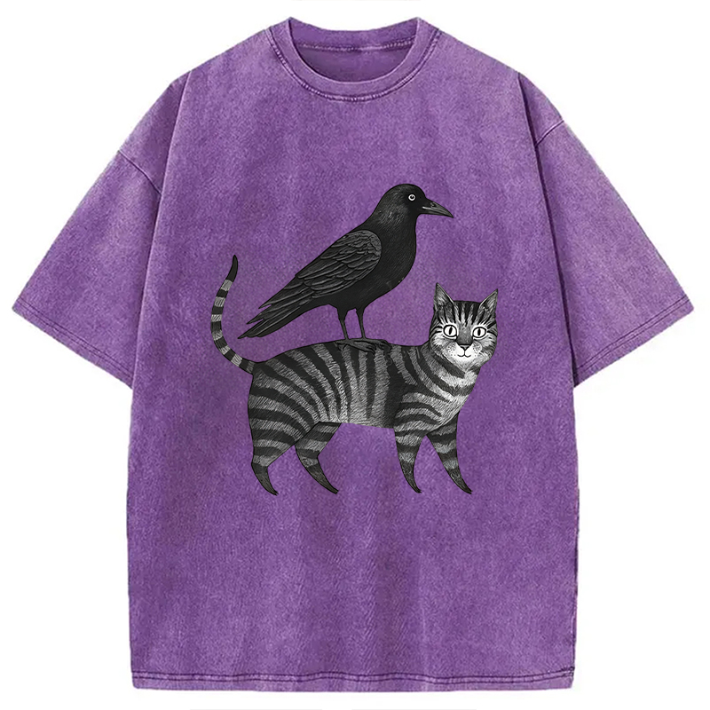 Modecanvas Crow Riding A Cat Washed T-Shirt
