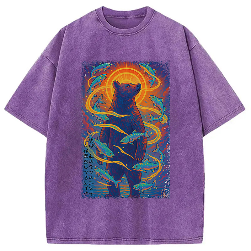 Modecanvas Ukiyoe Bear and Fish Vintage Poster Washed T-Shirt