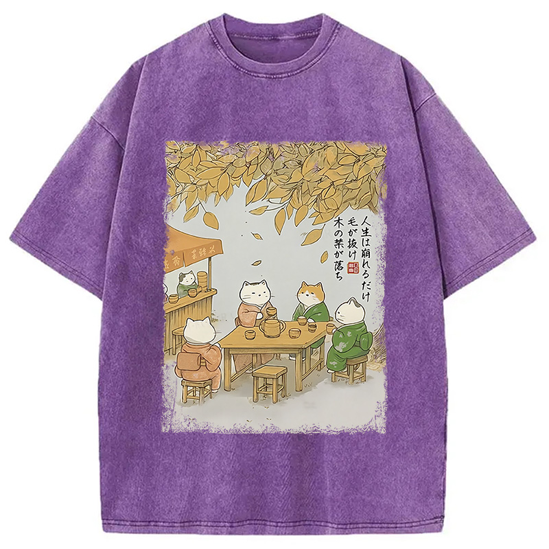 Modecanvas Cats Drinking Tea Under The Tree Washed T-Shirt