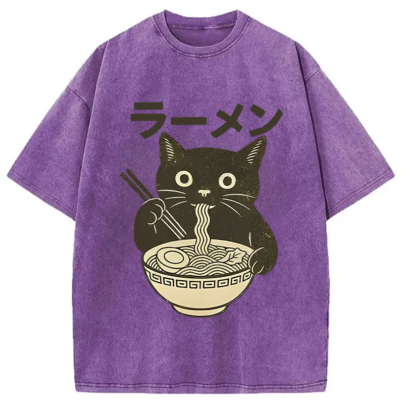 Modecanvas Simple Black Cat Eating Ramen Washed T-Shirt