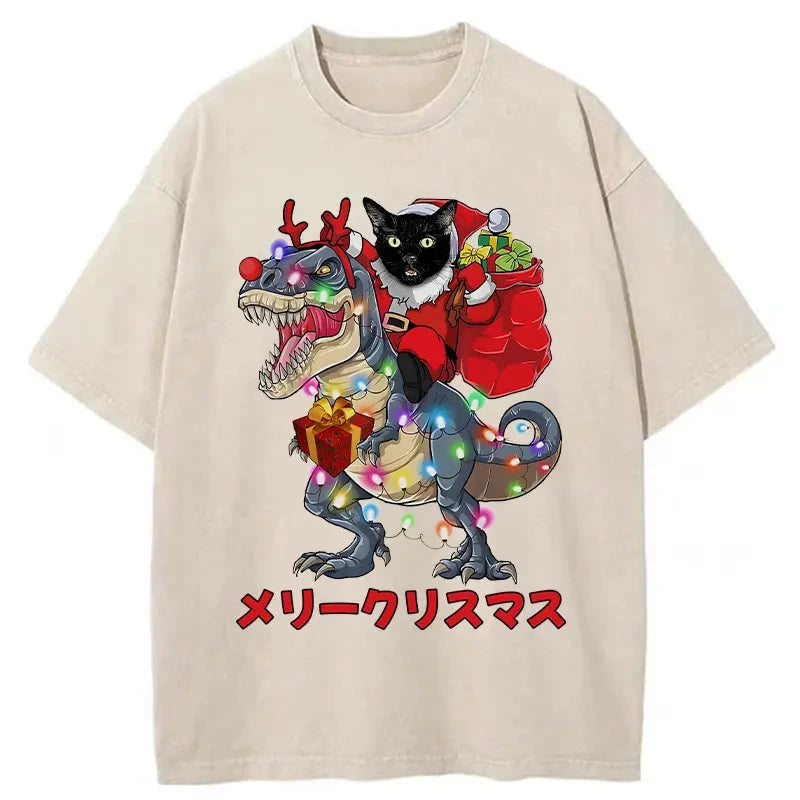 Modecanvas Cat Riding Dinosaur Christmas Washed T-Shirt
