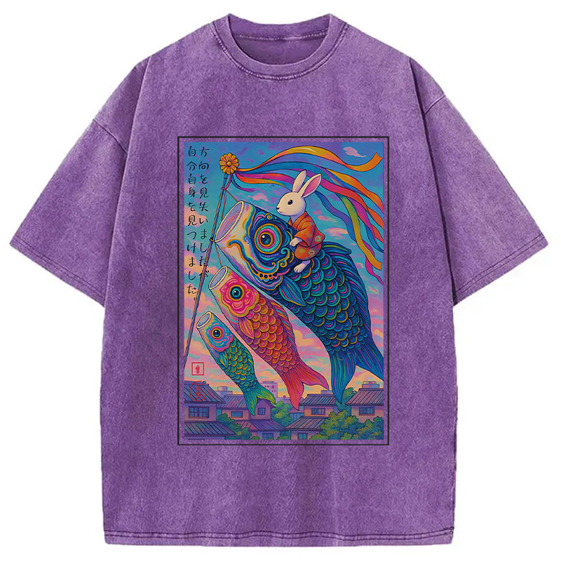 Modecanvas Ukiyoe Rabbit Ride Carp streamer Poster Washed T-Shirt