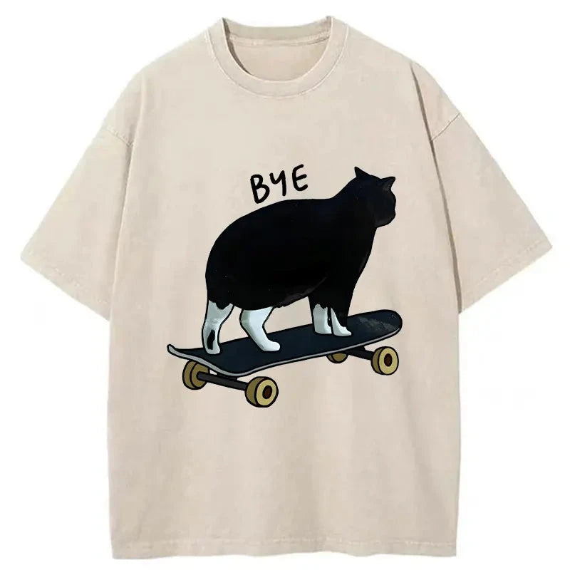 Modecanvas Cat On Skateboard Washed T-Shirt-modecanvas