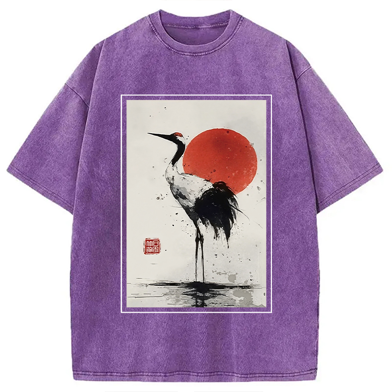 Modecanvas Retro Japanese Red-crowned Crane Washed T-Shirt