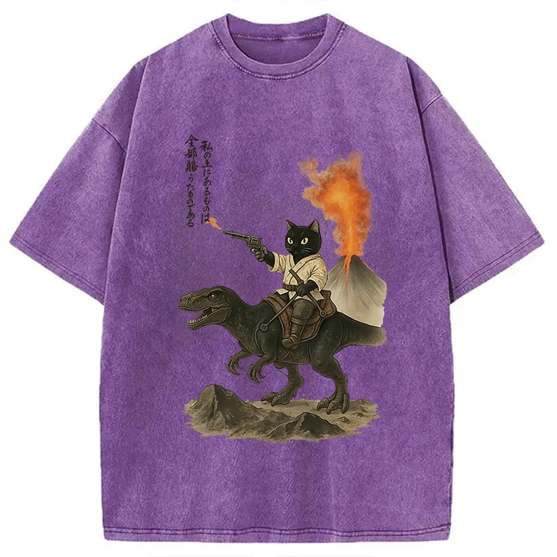 Modecanvas Cat Riding A Dinosaur Washed T-Shirt