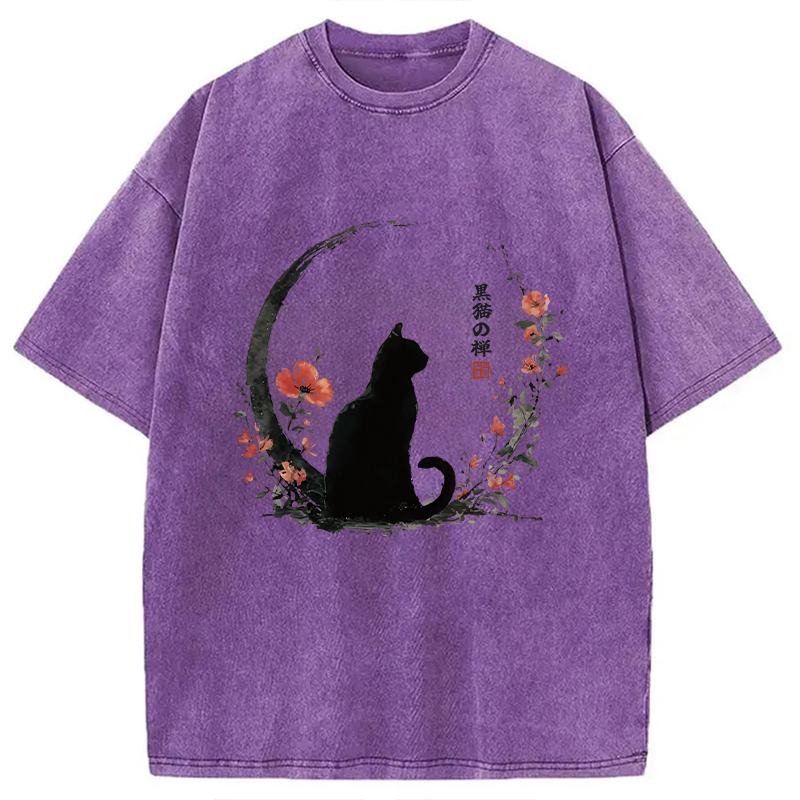Modecanvas Black Cat And Flowers Washed T-Shirt
