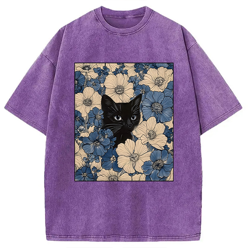 Modecanvas Cat In The Flowers Washed T-Shirt