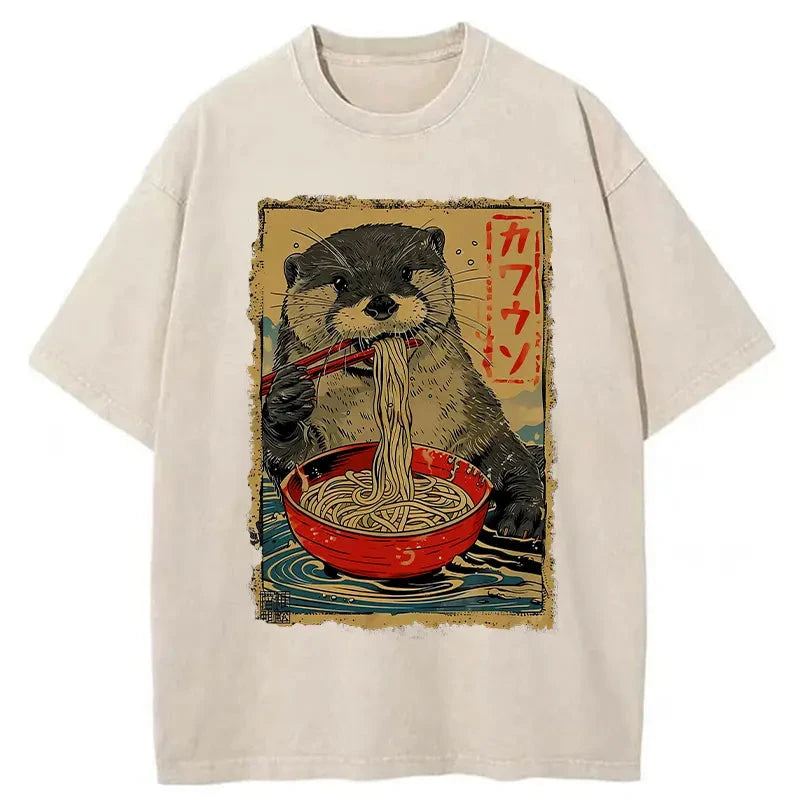 Modecanvas Otter Eating Ramen Japan Washed T-Shirt