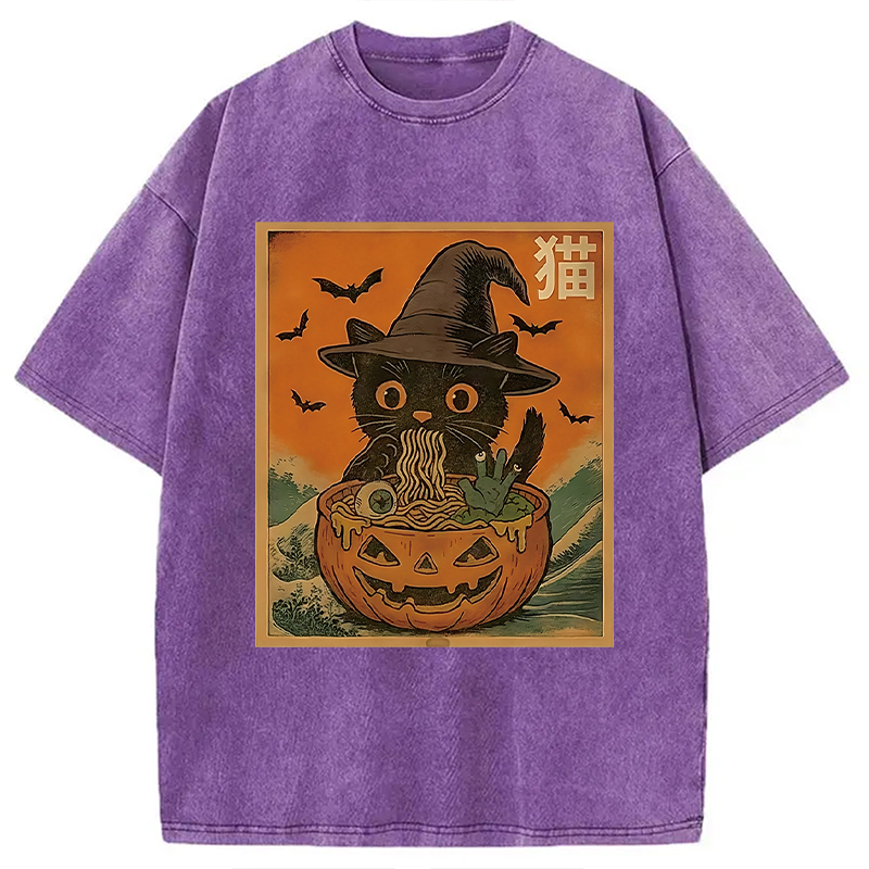 Modecanvas Halloween Cat Eating Ramen Washed T-Shirt
