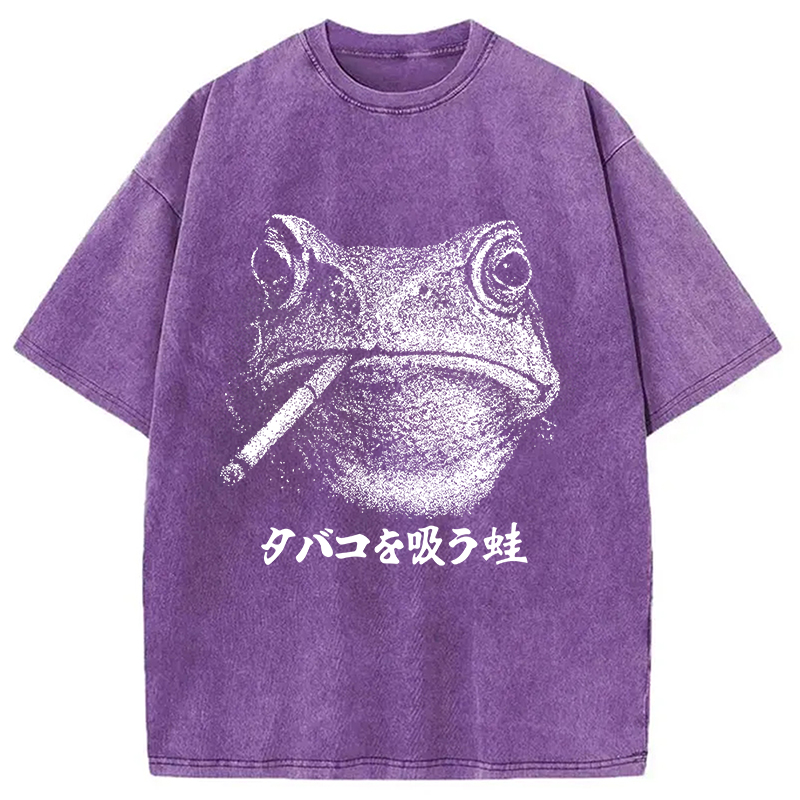 Modecanvas Funny Smoking Frog Meme Washed T-Shirt