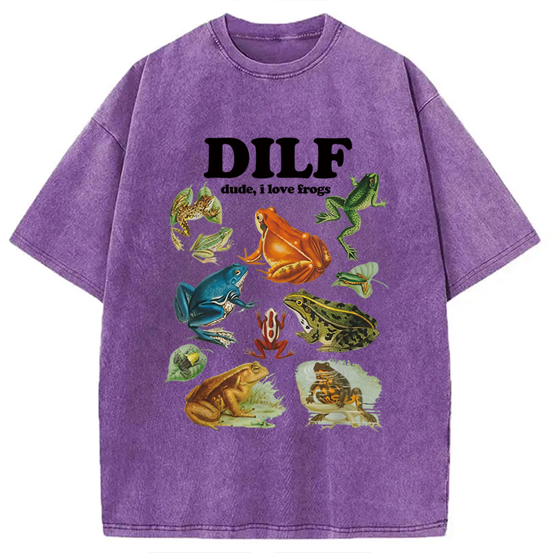 Modecanvas Dude I Love Frog Washed T-Shirt-modecanvas