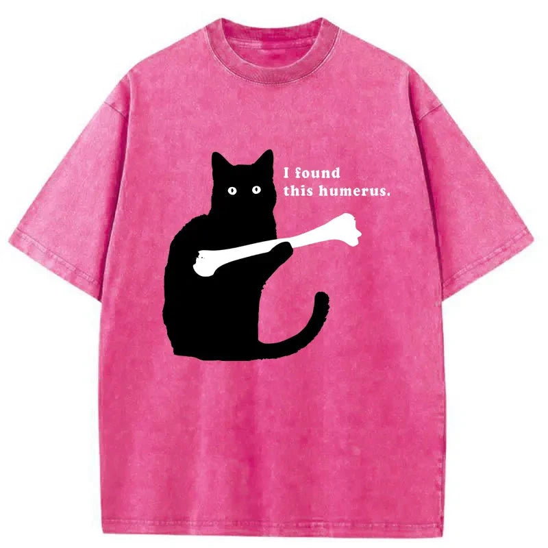 Modecanvas Cat Finds Human Bones Washed T-Shirt-modecanvas