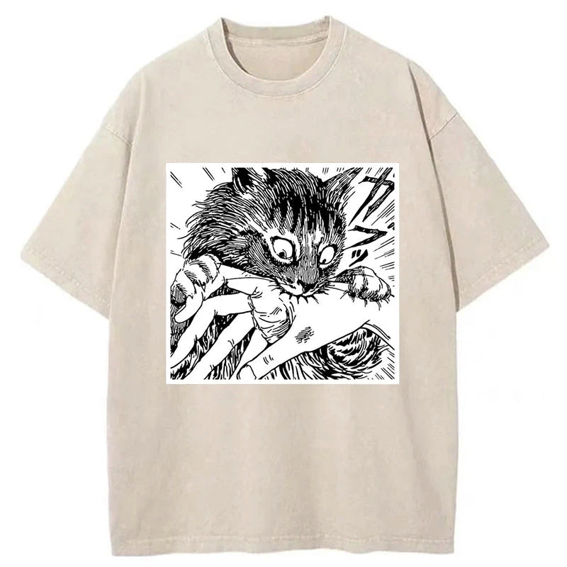 Modecanvas Creepy Cat Anime Horror Anteater Washed T-Shirt