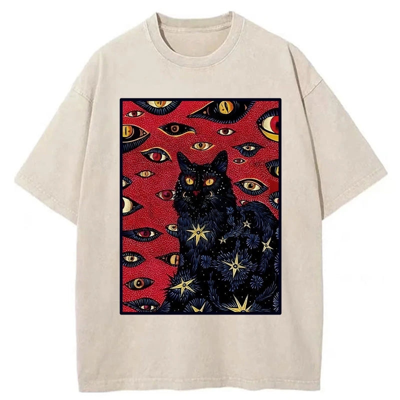 Modecanvas Mysterious Cat Washed T-Shirt-modecanvas
